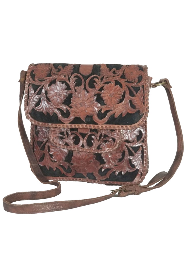 Sierra Two Tone Hand Tooled Leather Shoulder Cross Body Bag